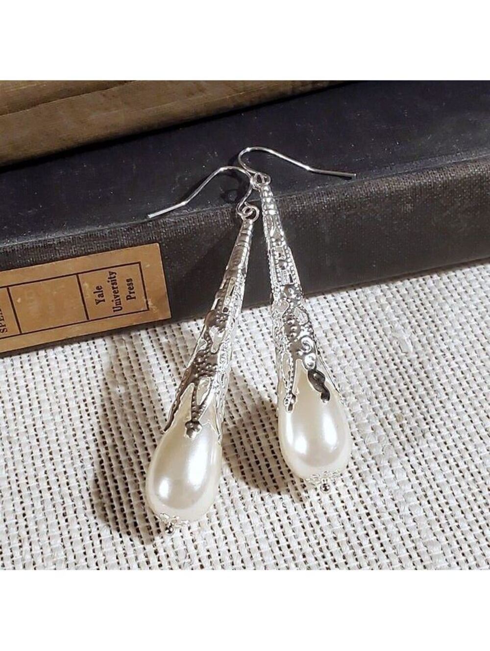 Lacy Silver Filigree Off White Faux Pearl Long Teardrop Earrings